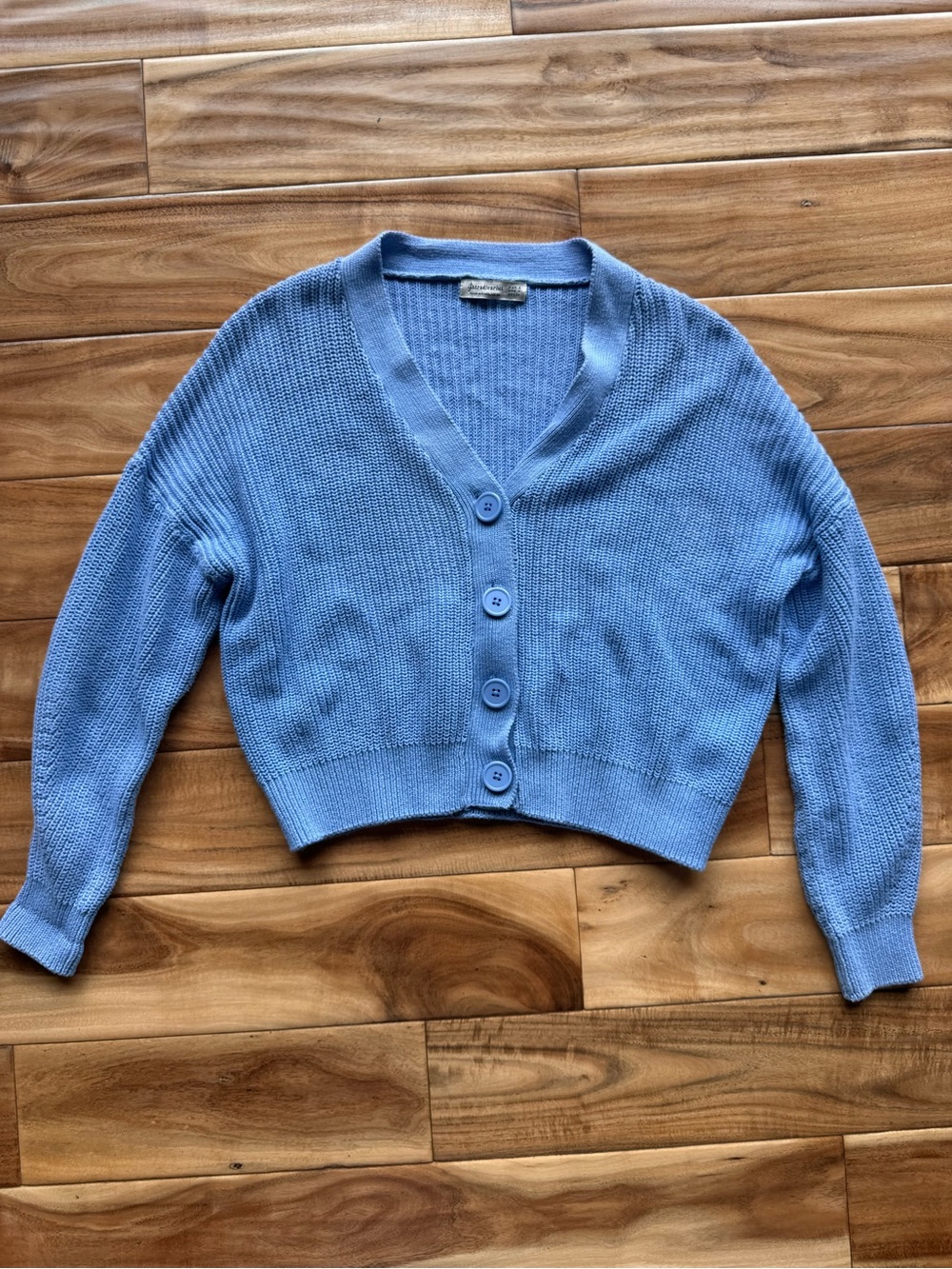 stradivarius Light Blue Cropped V-Neck cotton Cardigan